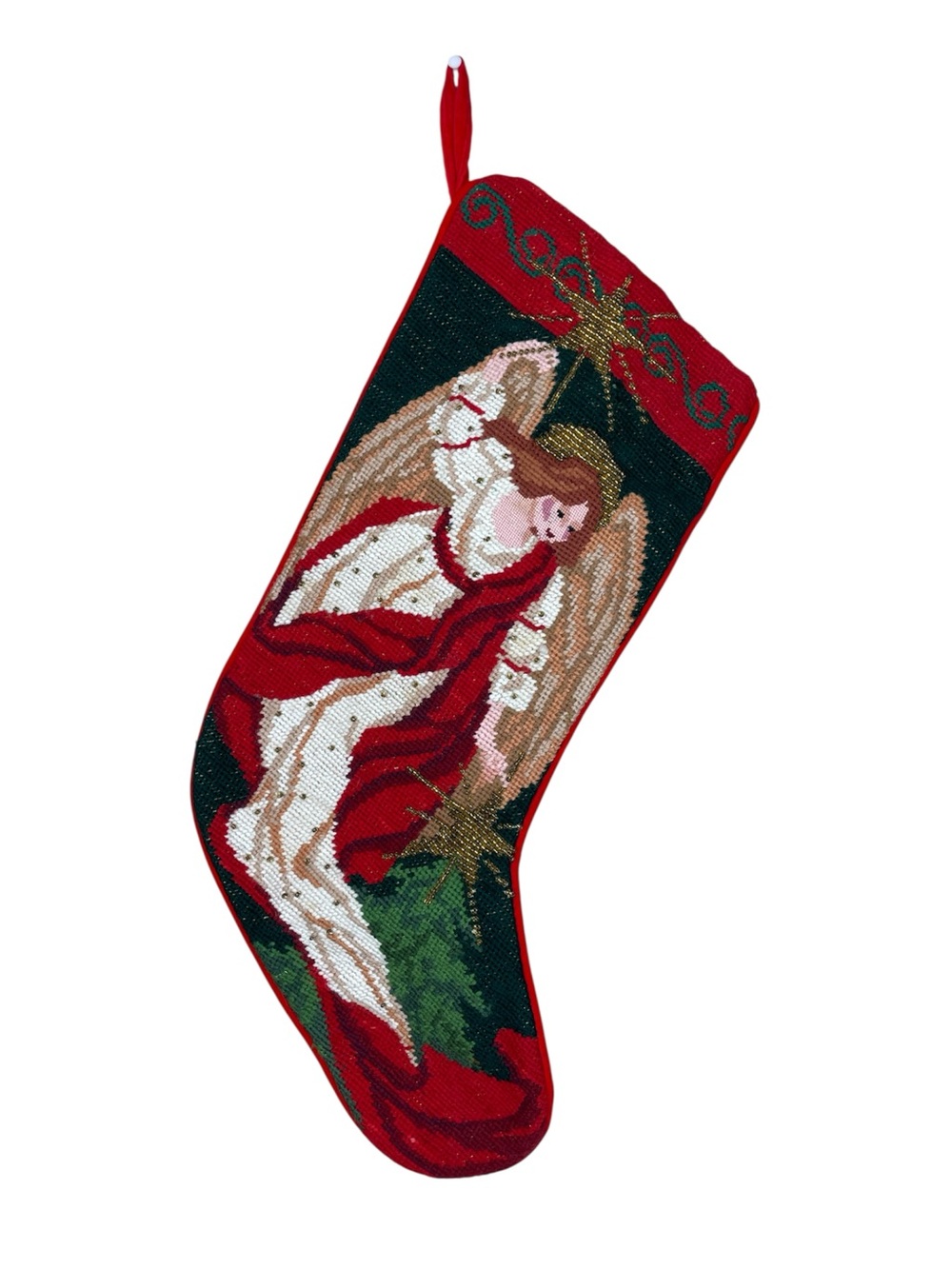 Vintage Needlepoint Handmade Angel Christmas Stocking
